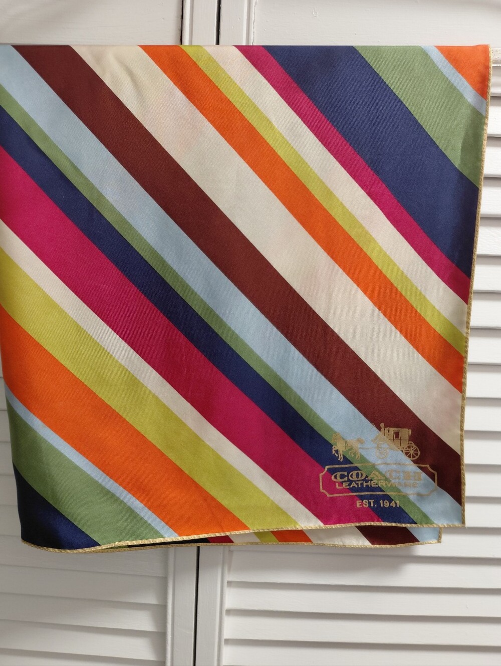 COACH Y2K Legacy Striped Multicolored Silk Scarf with Gold Logo
